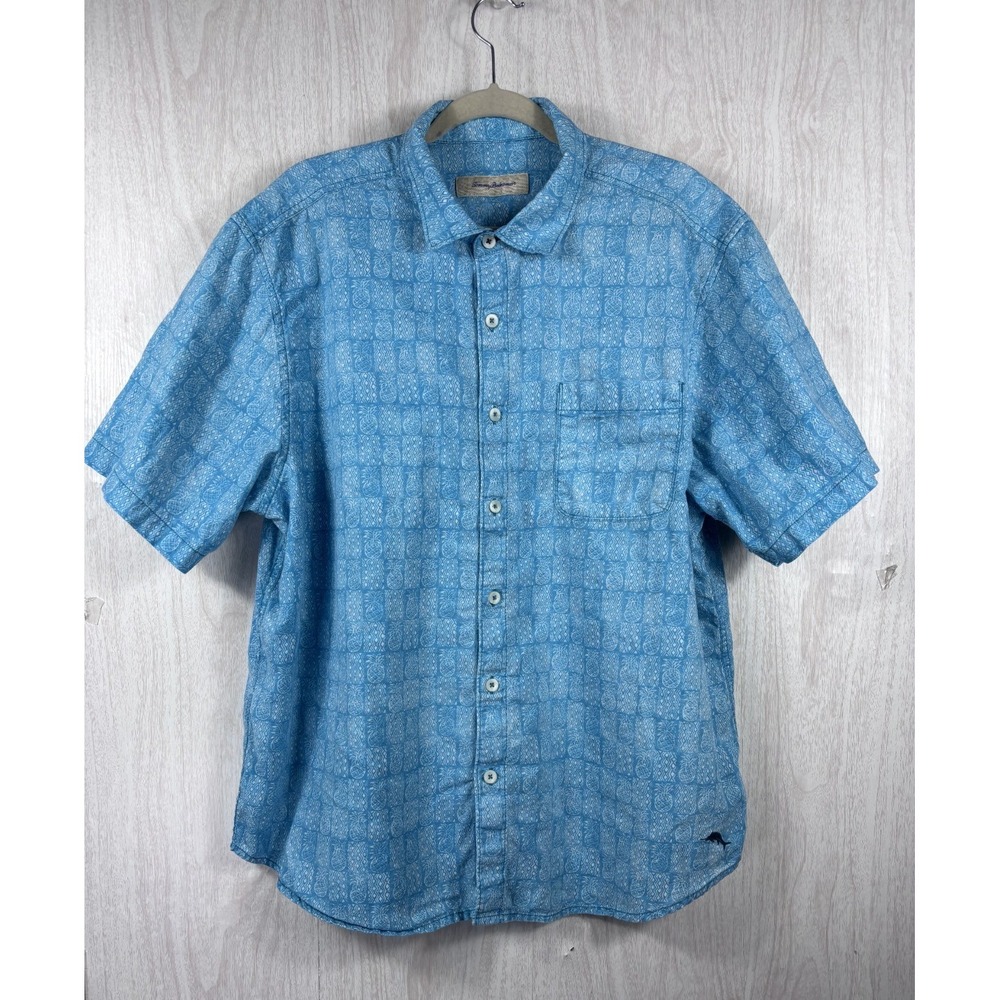 Tommy Bahama Camp Shirt Mens XL Blue Pineapple Linen Cotton Coastal Resort